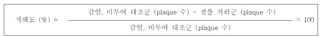 Plaque reduction assay에 의한 물질의 바이러스 저해도를 평가하기 위한 식.