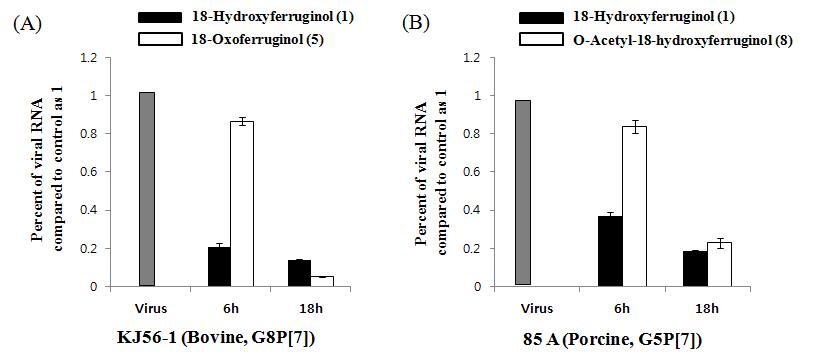 항로타바이러스 활성을 나타내는 3가지 화합물을 처리한 후 6시간과 18시간에 RNA를 추출하여 발현된 바이러스 RNA 량을 확인한 Real-time RT-PCR assay