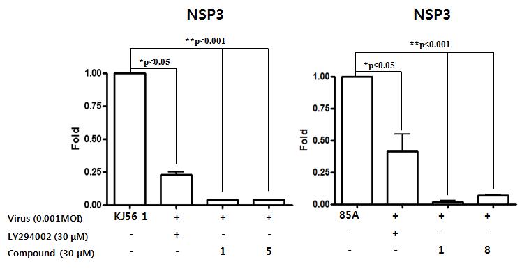 항로타바이러스 활성을 갖는 비자 화합물 및 PI3K inhibitor의 바이러스 RNA 억제 효능 (Real-time RT-PCR)