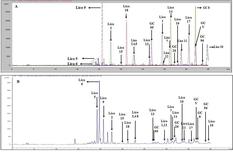 생물소재 KW-200로부터 분리된 23종의 화합물들의 HPLC profiling