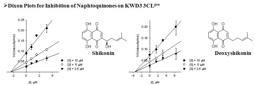 KWD3 3CLpro에 대한 쉬코닌 계열 화합물들의 kinetic study