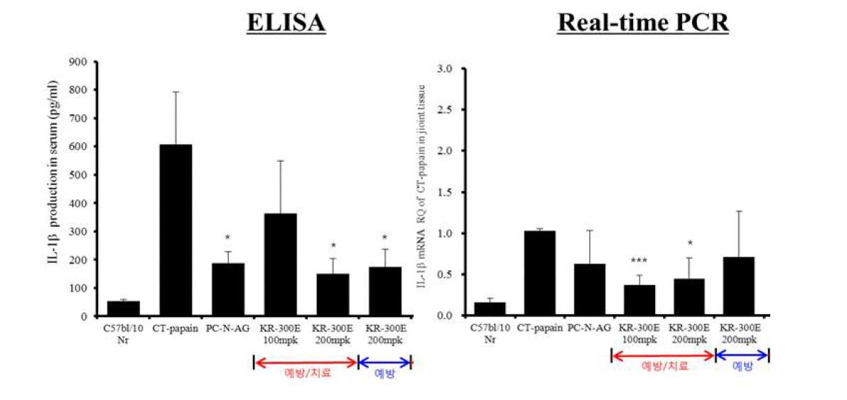 KR-300의 염증모델에서 염증 싸이토카인 IL-1β수준과 mRNA 발현 억제효과