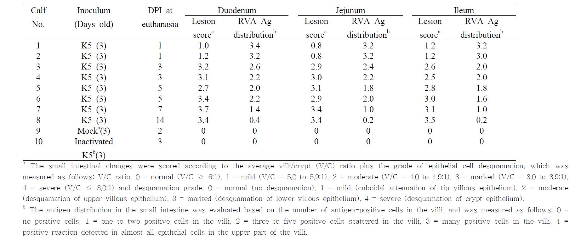 Summary of the histopathological findings in the small intestine of the colostrums-deprived calves inoculated with a bovine G5P[7] K5 strain