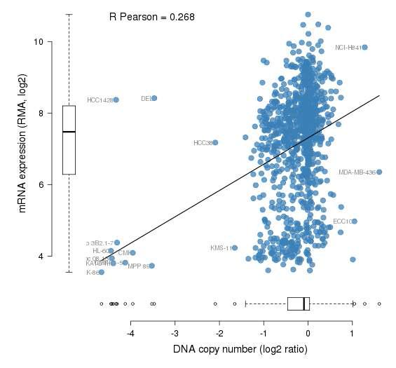 DNA copy number와 mRNA expression의 상관관계