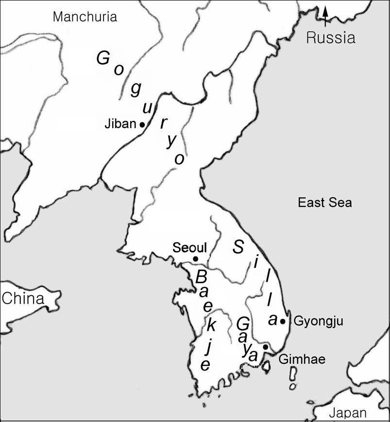 Political map of the Korean peninsula around the AD 4th century showing the contemporary ancient kingdoms (Gaya, Silla, Baekje and Goguryo) and their respective capitals (Gimhae, Gyongju, Seoul and Jiban).