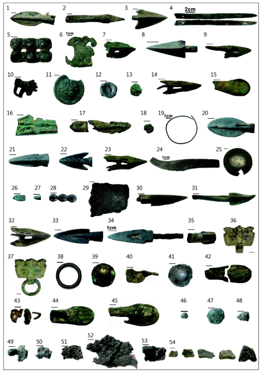 The general appearance of the bronze objects examined. Objects #1-45 represent finished products, #46-52 are leftovers or spills from casting operations and #53-54 are pieces of slag from copper smelting. The bar near each object corresponds to 5mm unless otherwise noted.