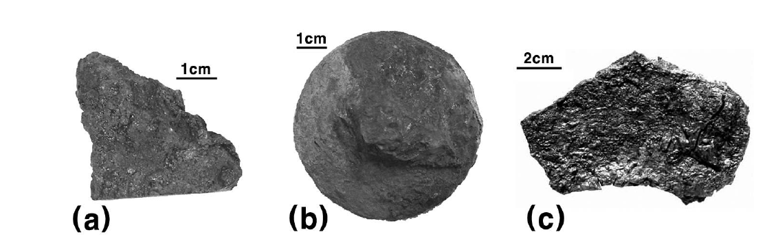 The general appearance of the cast iron objects examined. (a) A piece from a Goguryo site; (b) a circular button from a Baekje site ; (c) a fragment of a cauldron from a Silla site.