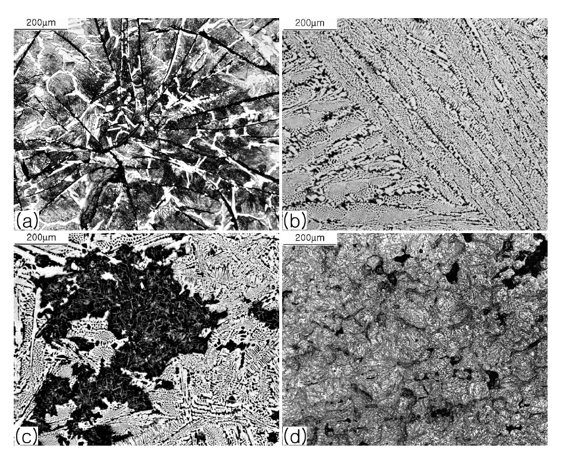 Optical micrographs showing structures of the cast iron objects examined. (a) Gray cast iron, (b) white cast iron and (c) mottled structure observed in the objects in Fig. 12a, 12b and 12c, respectively; (d) structure obtained after the thermal treatment of (b).