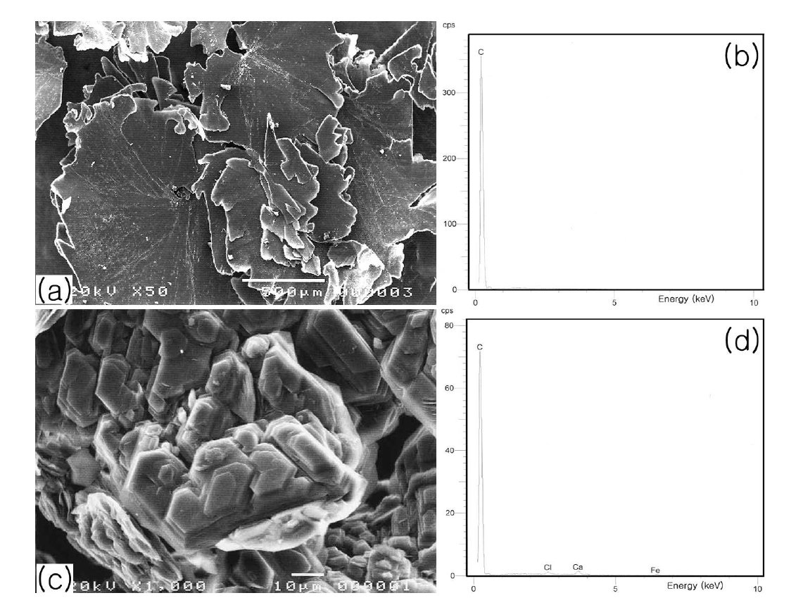 Secondary electron micrographs and EDS spectra. (a) The general appearance of graphite flakes extracted from the specimen of Fig. 13a; (b) EDS spectrum taken from (a); (c) the general appearance of graphite extracted from the specimen of Fig. 13d; (d) EDS spectrum taken from (c).