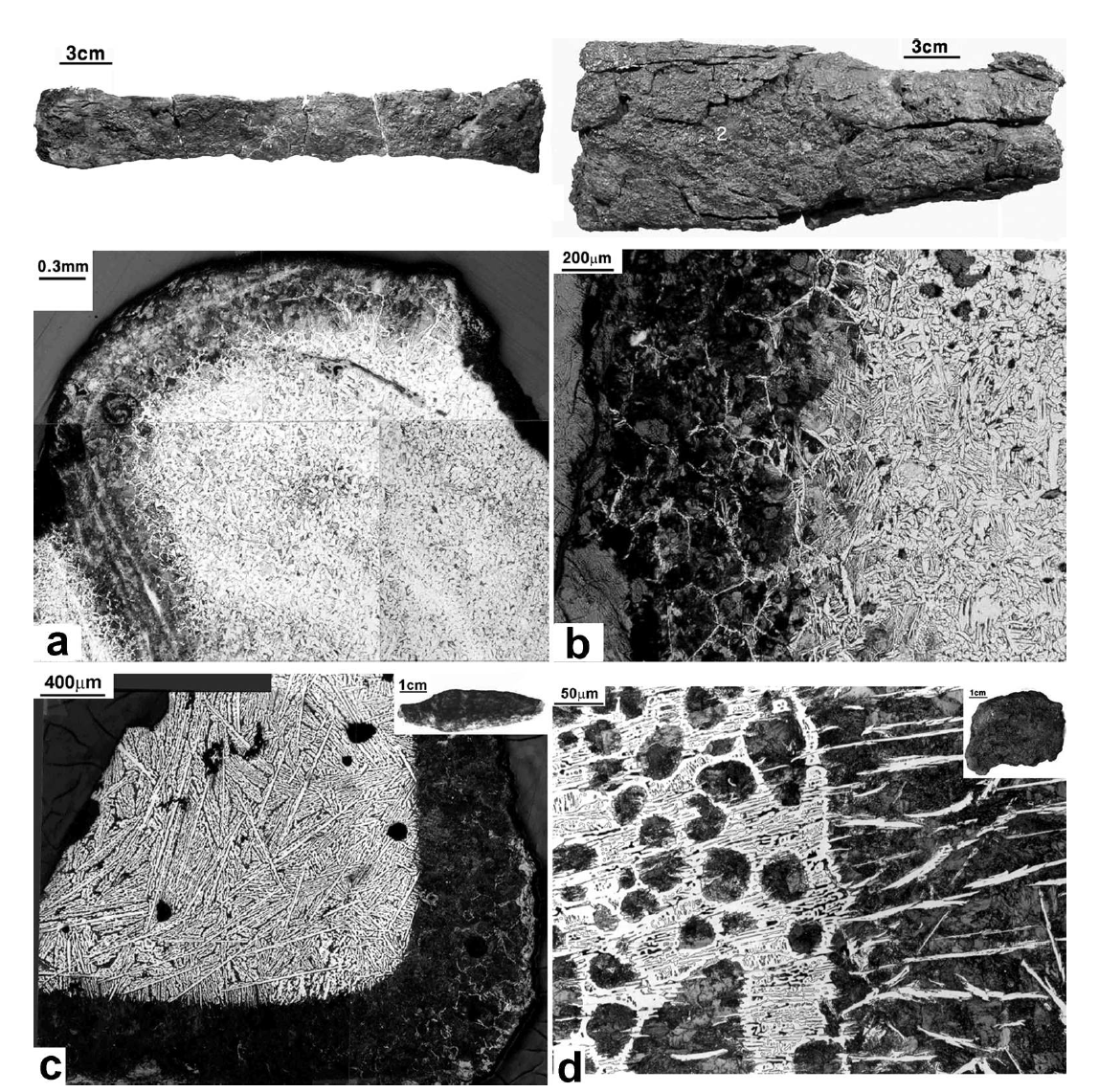 Iron objects and their microstructures providing clues for the estimation of steelmaking technology. (a) Iron object from a Unified Silla site at Gyongju and optical micrograph showing its structure; (b) iron axe from a Unified Silla site at Gyongju and optical micrograph showing its structure,(c) iron arrowhead from a Goguryo site in Manchuria and optical micrograph showing its structure); (d) anonymous iron object from a Baekje site at Sooncheon and optical micrograph showing its structure.