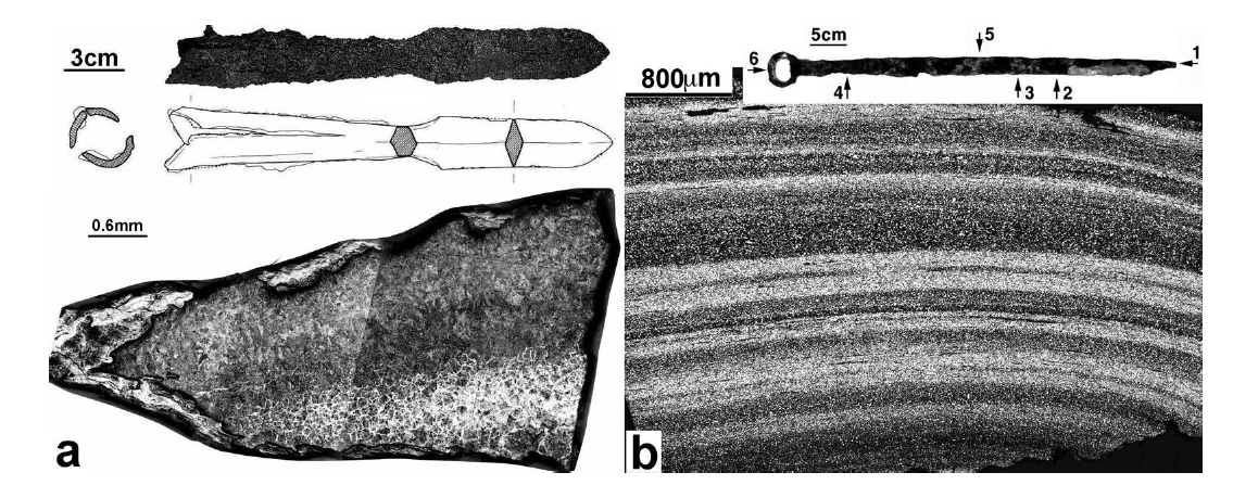 Iron objects and optical micrographs showing their structures. (a), (b) Spearhead and sword from the former Silla and Paekche territories, respectively.