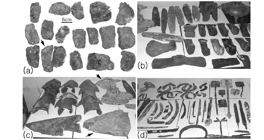 Iron objects recovered from the medieval site at Talgar in Kazakhstan. (a) Iron ingots, the arrow locates one of those chosen for structure examination; (b) Bars, axes, a plow, an anvil and a pick, the one at the upper right corner is a bronze object; (c) plows; (d) varieties of finished iron objects. The objects were all forged to shape except the two cast iron plows marked by the arrows in (c).