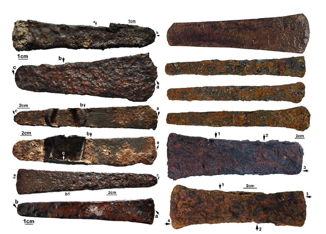 Iron axes. Those in the left were excavated from the 7th century BC megalithic sites in the Vidrabha region of India. Those in the right were excavated from the southern part of the Korean peninsula: The upper four axes were from the 1st century BC site at Dahori, Changweon and the bottom two were from the 3rd to 5th century AD site at Daeseongdong, Gimhae.