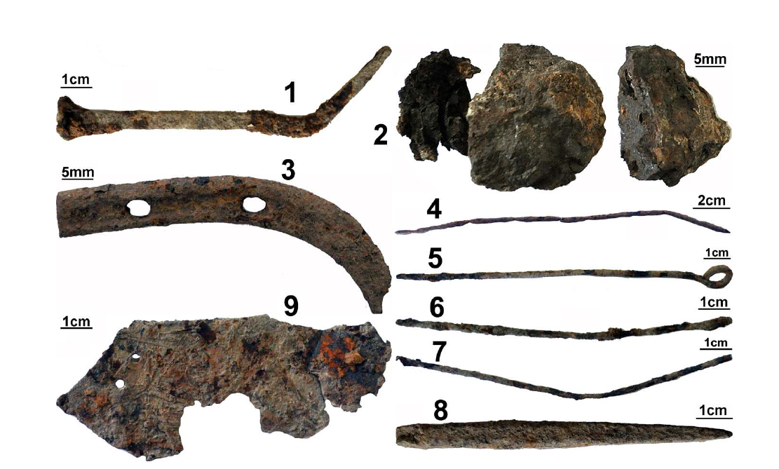 The general appearance of the iron objects examined. 1) nail, 2) cake, 3) horseshoe, 4)-7) awls, 8) chisel, 9) sheet.