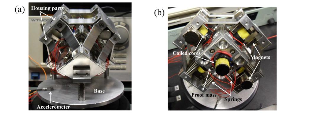 Prototype device mounted on vertical shaker (a) front view (b) top view (some housing parts are omitted)