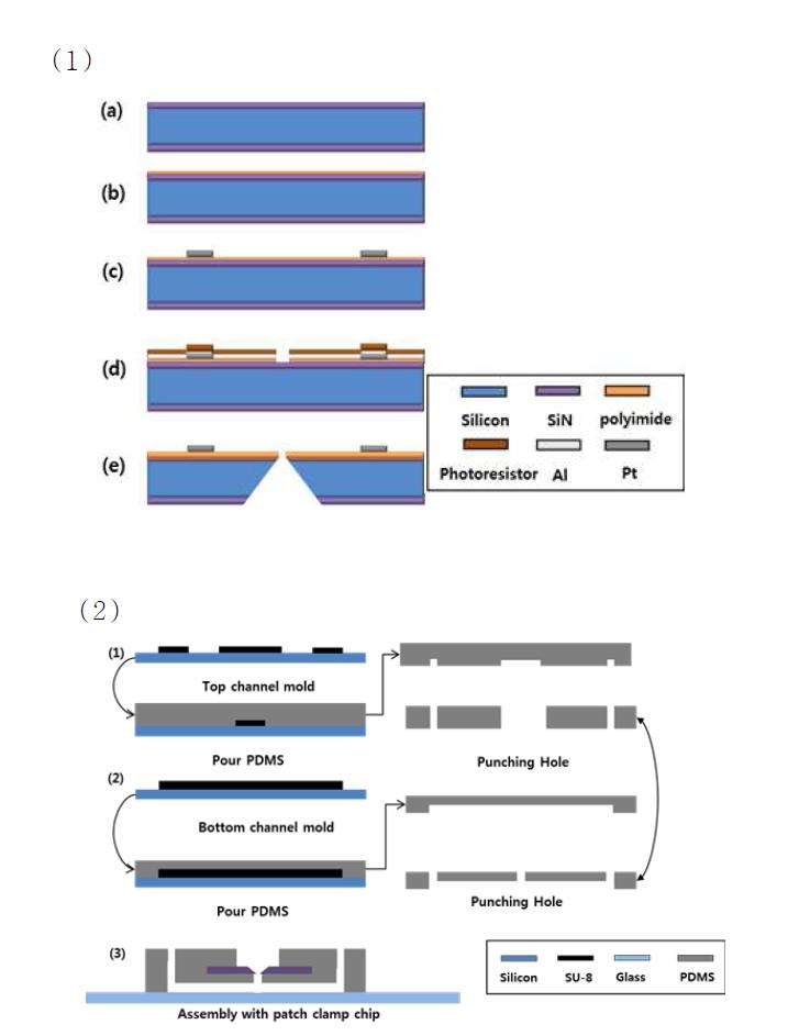 (1)패치클램프 칩 제조 과정 (2) 버퍼 용액의 미세 조절을 위한 Microfluidic channel 제조 과정