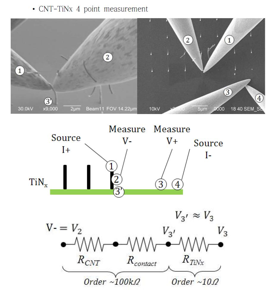 성장된 CNT SEM 이미지 및 저항측정 방식