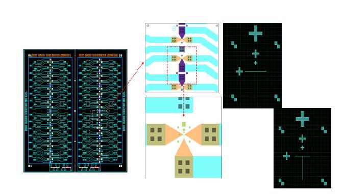 전체 레이아웃 및 세부 패턴 (좌), 일자형 나노선(우상)와T자형 나노선(우하)