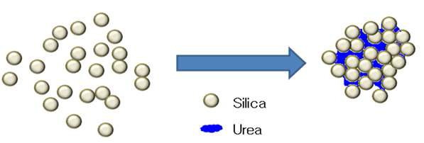 silica 입자를 Urea처리하기 전과 후의 그림.