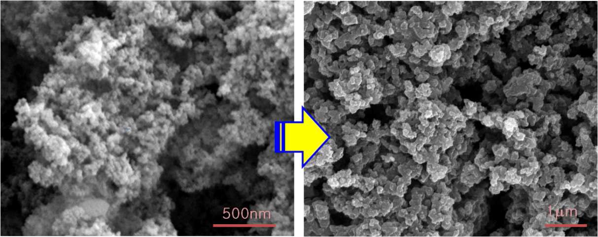SEM images of pure RH34M (left) and X-22-170DX modified RH34M (right).
