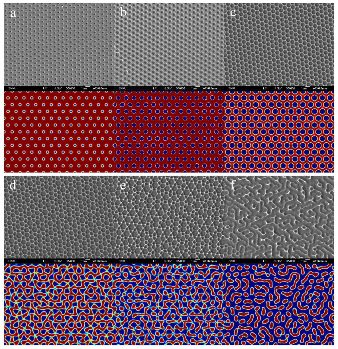 스탬프와 필름이 코팅된 기판 사이의 간격의 변화에 따른 Hexagonal hole pattern의 복제 결과.