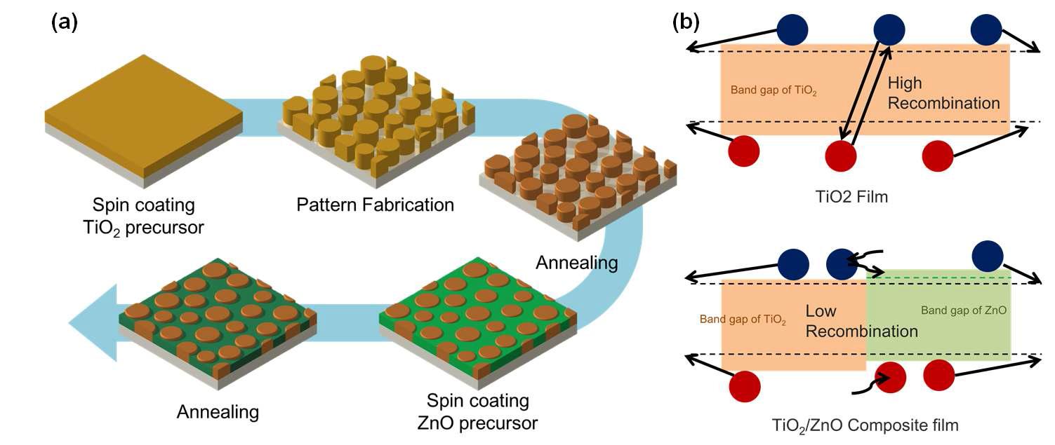 (a) TiO2 기둥/ZnO 필름 composite 제작과정의 모식도. (b) TiO2 필름에 비하여 TiO2/ZnO composite은 여기된 전자들의 재결합 비율이 낮아져서 광촉매 효과를 증폭시킬 수 있다.