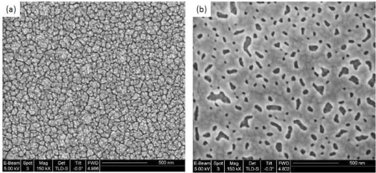 박막공정 기반 나노구조 전극 구조 (a) 제작 직후 미세구조 (b) 600 oC에서 2시간 이후 미세구조
