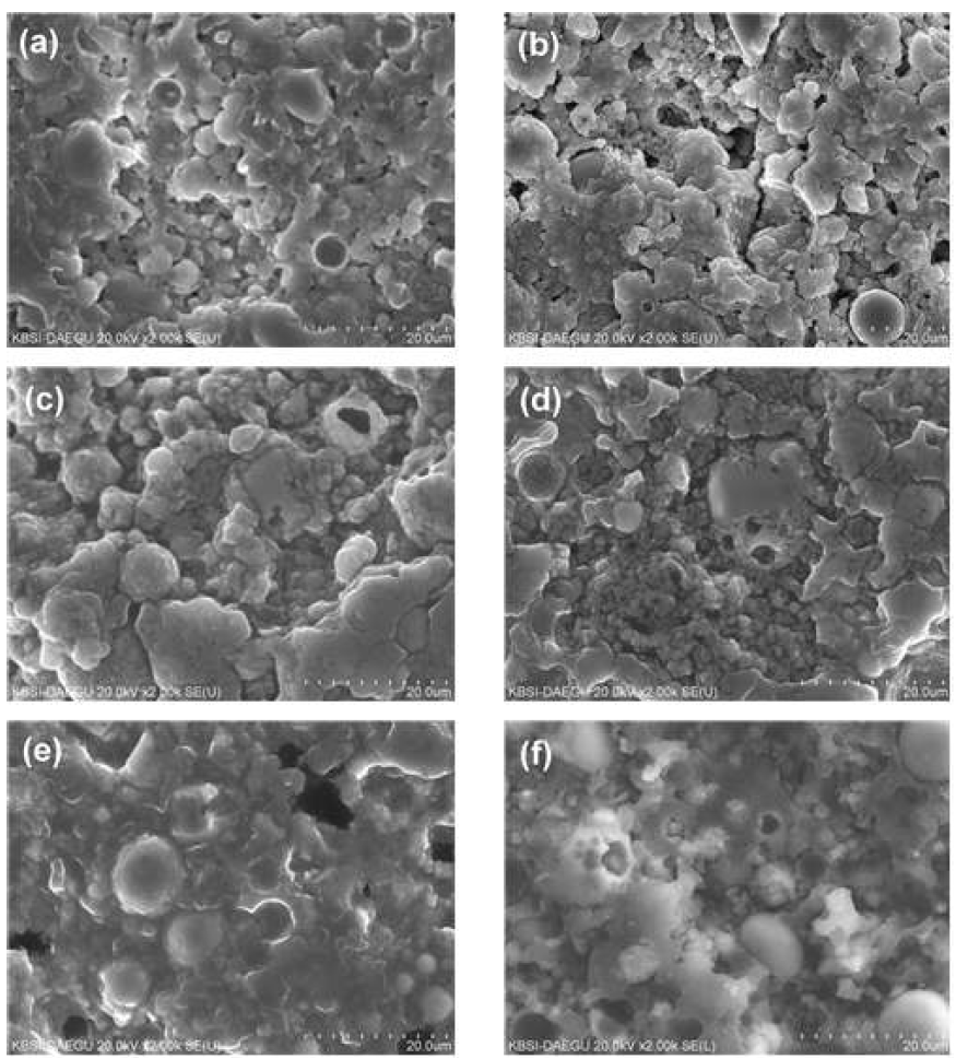 SEM SE images of alkali-activated samples with (a) raw FA 1, (b) raw FA 2, (c) raw FA 3, (d) raw FA 4, (e) raw FA 5 and (f) raw FA 6