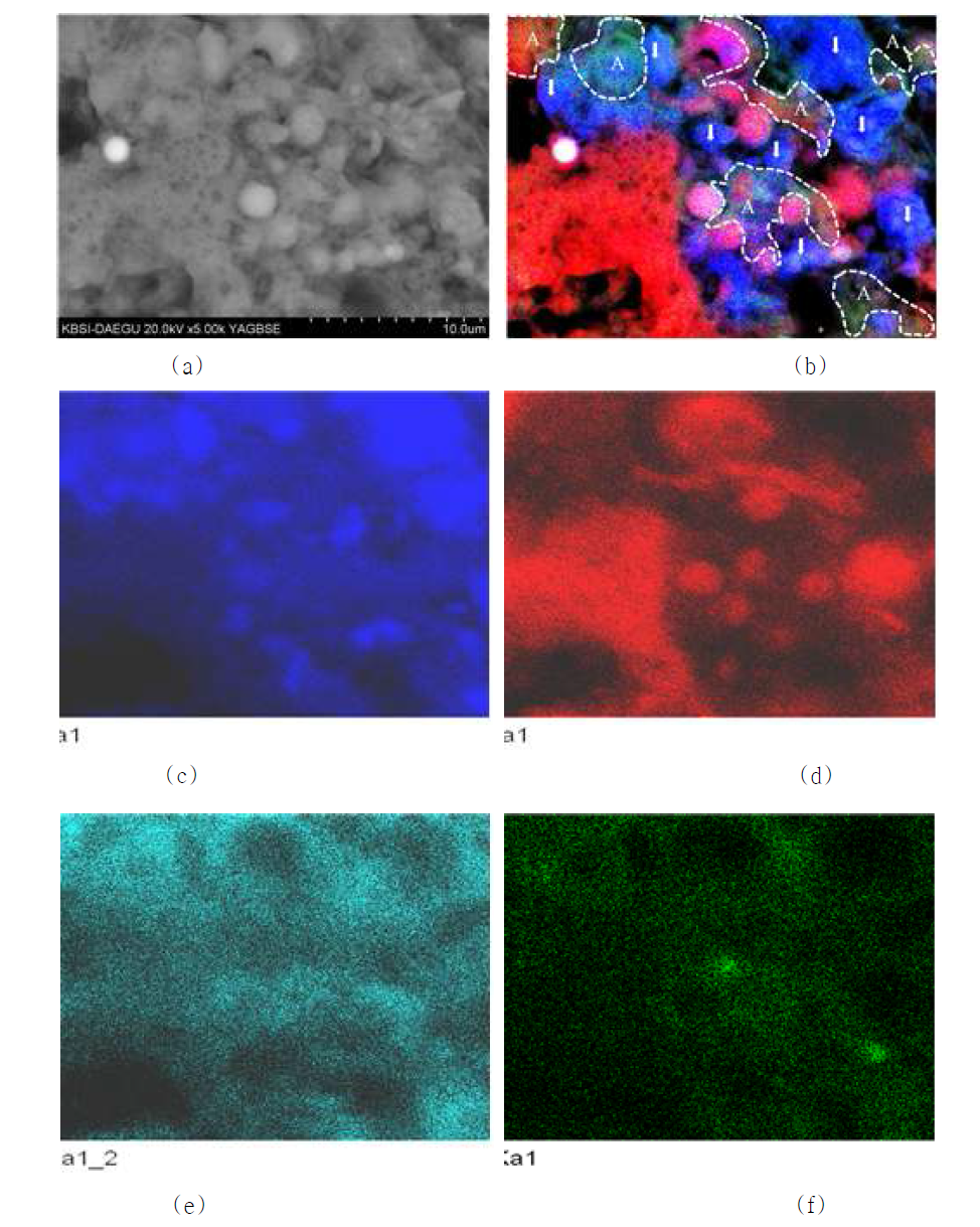 SEM and element maps of alkali-activated FA 3 sample: (a) SEM micrograph in BSE mode (YAG BSE), (b) multispectral overlay of Si, Al and Na (blue, red and cyan, respectively), (c) Si distribution, (d) Al distribution, (e) Na distribution and (f) Ca distribution. The areas ‘A’ indicate geopolymer. The white arrows indicate dissolved phase of Si