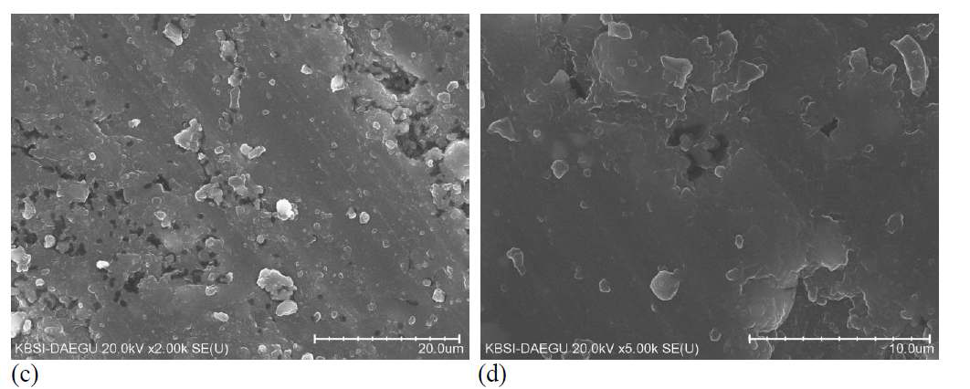 Representative microstructures of CF and CNF at 28 days (SE images for saw-cut samples): (a) CF at 2,000X; (b) CF at 5,000X; (c) CNF at 2,000X; (d) CNF at 5,000X