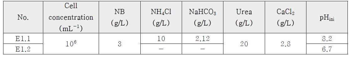 배지조건에 따른 탄산칼슘 침전 양상 평가를 위한 실험조건