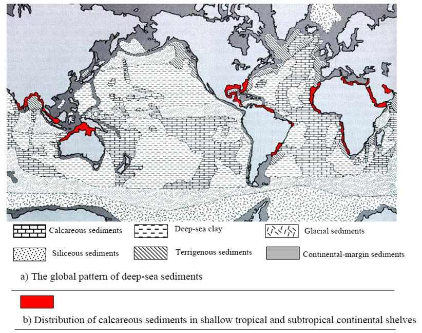 전세계 탄산염 퇴적지반의 분포도