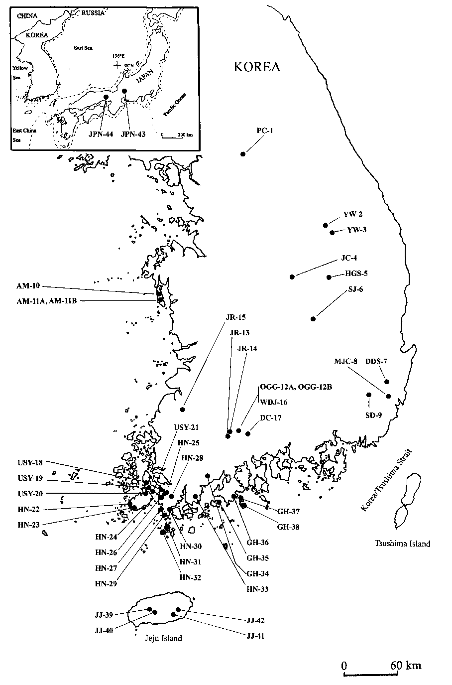 Map showing locations of the 44 locations where the six terrestrial orchid species occurring or co-occurring in Korea and Japan (Epipactis thunbergii was only collected from Japan, JPN-43 and JPN-44, whereas other species from Korea). Dotted line in the insert indicates exposed coastal lines during the Last Glacial Maximum.