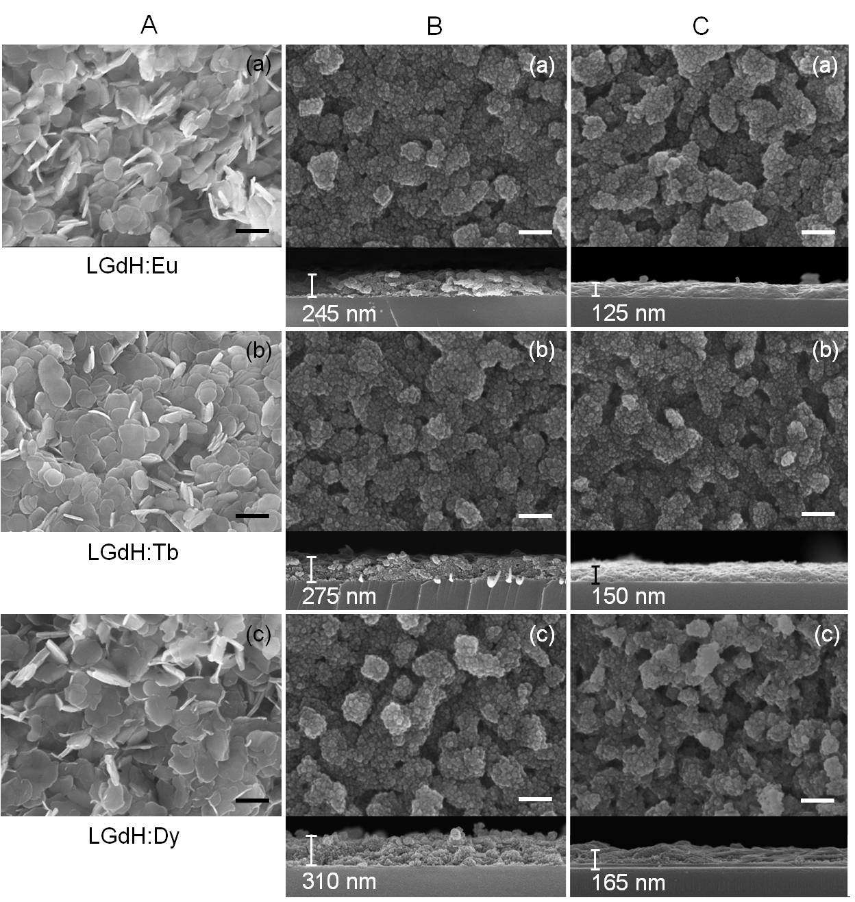 FE-SEM images of (A) LGdH:Re powder and (LGdH:Re hydroxide nanosheet/SiO2 nanoparticle)n films deposited on quartz glass slides (B) before and (C) after annealing at 600 ° C. n = 7, 8, and 9 for Re = (a) Eu, (b) Tb, and (c) Dy, respectively. Both surface (upper) and cross-sectional (lower) views are displayed for the films. Scale bars for powder and surface images = 200 nm