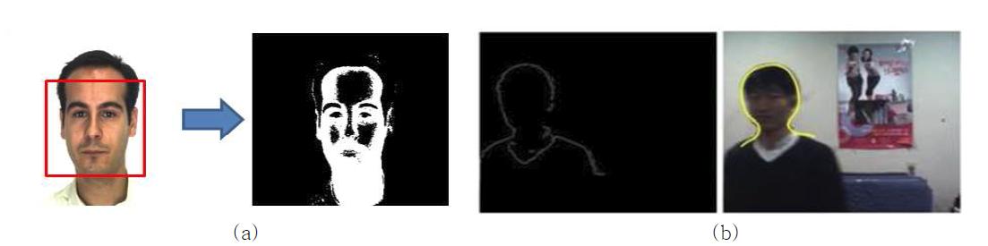 Background 제거 시 사용할 정보들: (a) 얼굴의 칼라 정보, (b) 프레임 간 차영상의 에지 정보