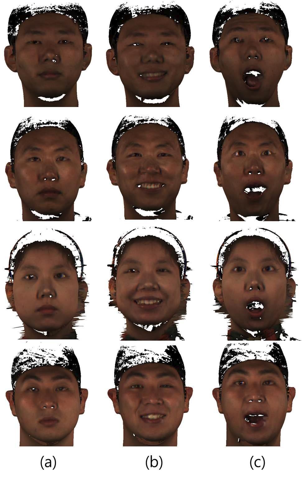 표정이 존재하는 얼굴 dataset의 예시: (a) neutral, (b)smile, (c) surprise