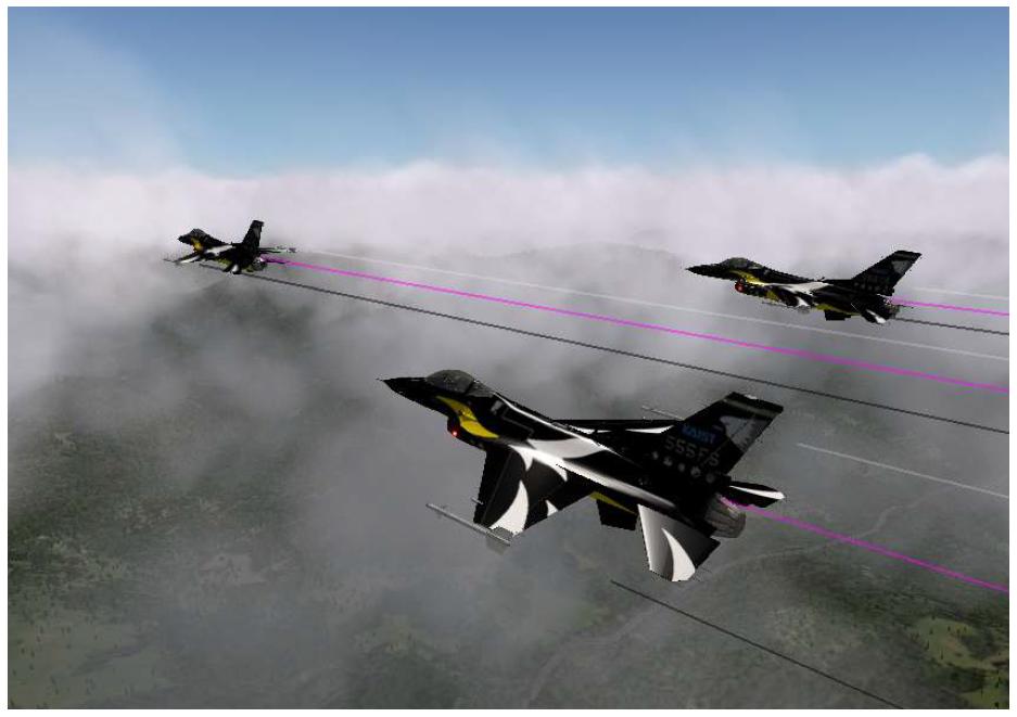 F-16 3대의 가상 추적점 기반 편대 유도 법칙 시뮬레이션 장면