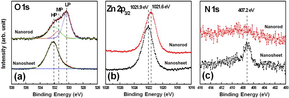 ALD ZnO/Al2O3 시드 층 위에 합성된 nanosheet와 nanorod의 XPS 분석 결과