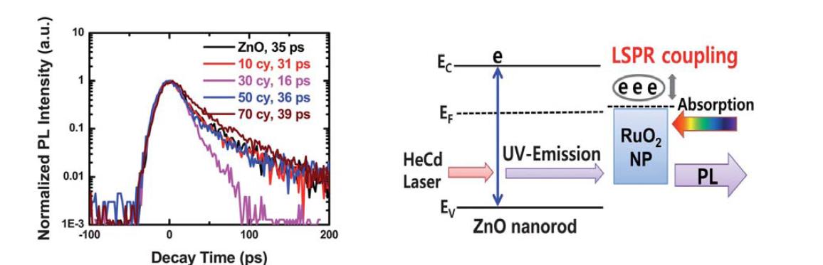 그림 22와 같이 ZnO 나노로드 위 ALD법에 의해 형성된 RuO2 나노입자로 구성된 나노 하이브리드 구조에 대한 TR-PL 분석 및 광 방출 개선 메커니즘 모식도