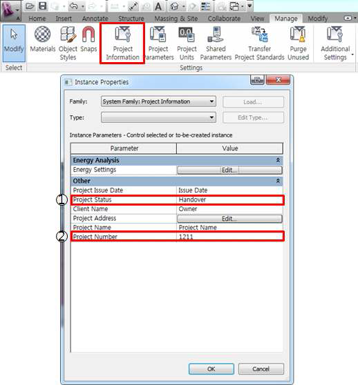 Facility의 요구정보인 ProjectName과 Phase에 해당하는 Revit Property Mapping