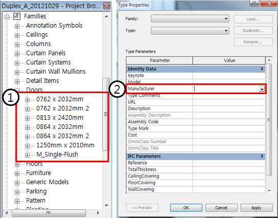 Type의 요구정보인 Name과 Manufacturer에 해당하는 Revit Property Mapping