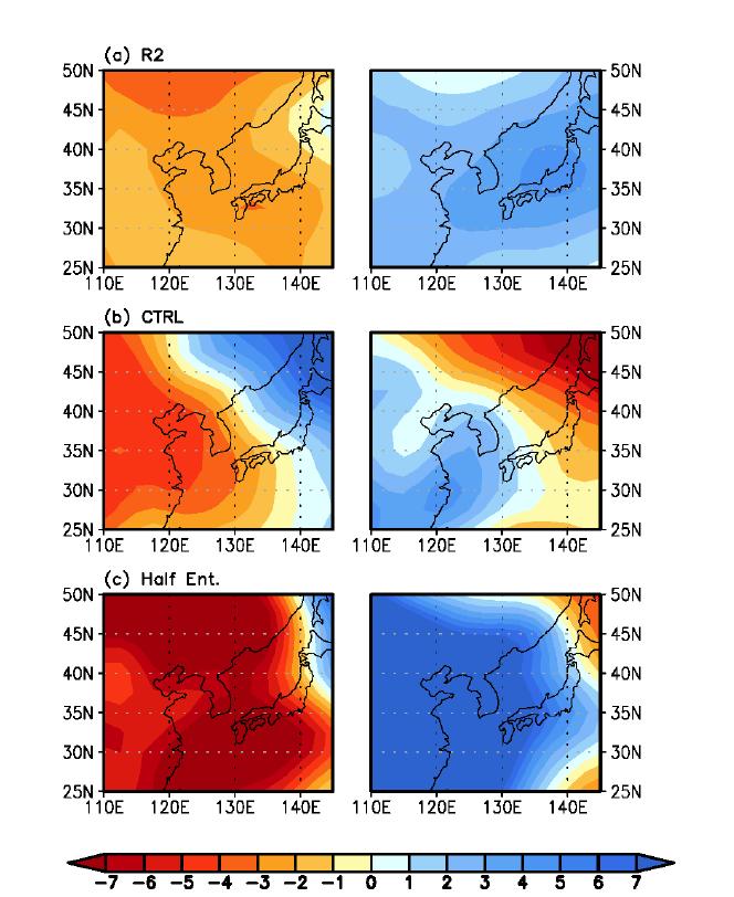 composite of 1000-hPa geopotential height for phase 4 and 8. contour interval is 1 m.