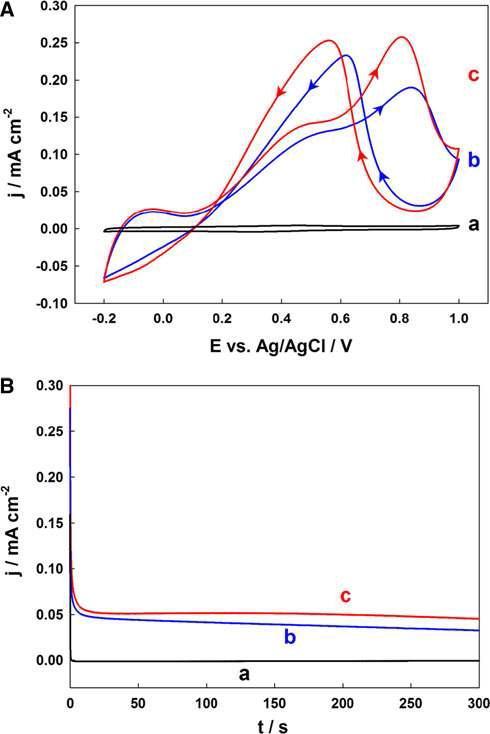 A Cyclic voltammetry and B chronoamperometry results for (a) a bare SWCNT electrode, (b) a SPP-based electrode, and (c) a FPP-based electrode in 0.25 M formic acid at a scan rate of 50 mV s-1.