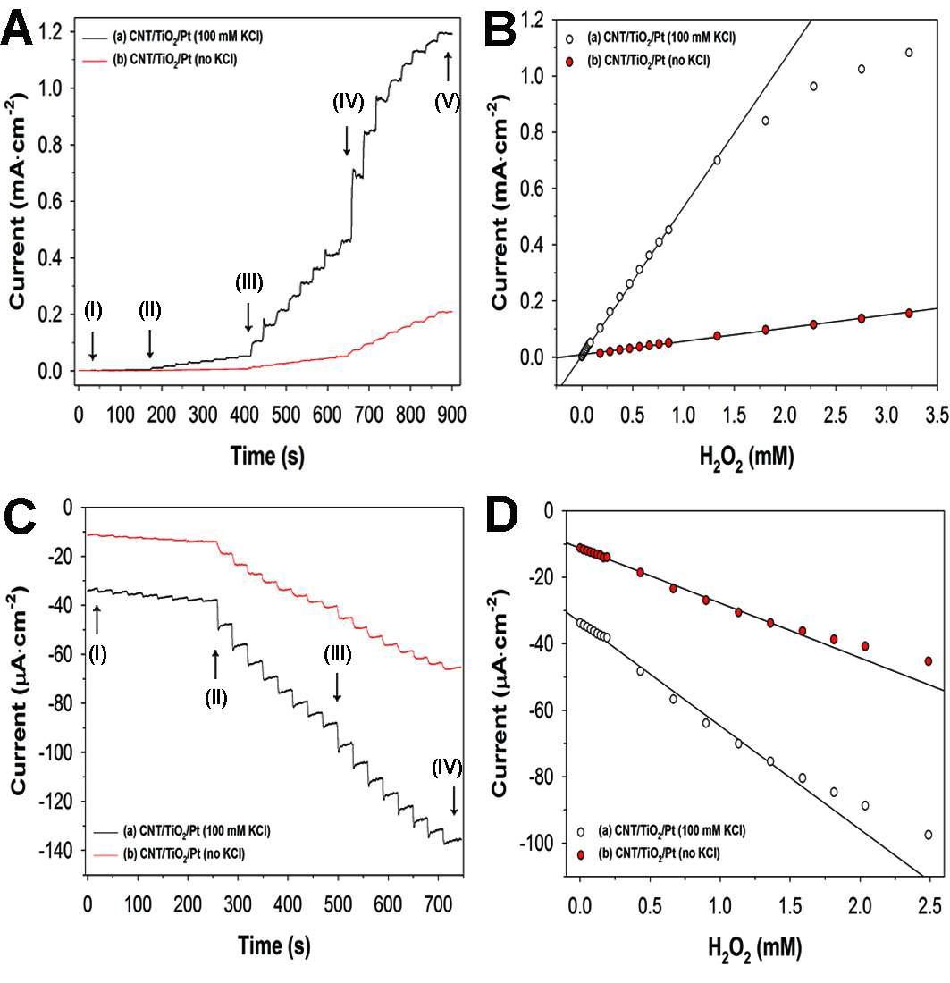 (A) Amperometric responses for H2O2 electro-oxidation of Pt/TiO2/SWCNT electrodes prepared (a) with and (b) without 100 mM KCl.