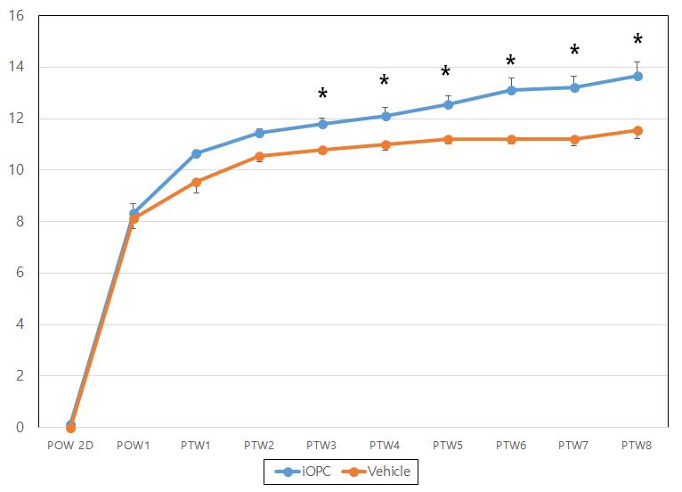 이식 후 8주간 iOPC를 이식한 실험군(iOPC)과 PBS를 넣은 대조군(Vehicle)의 BBB score. 이식 3주 후부터 8주까지 실험군이 대조군에 비해 점수 향상이 나타남