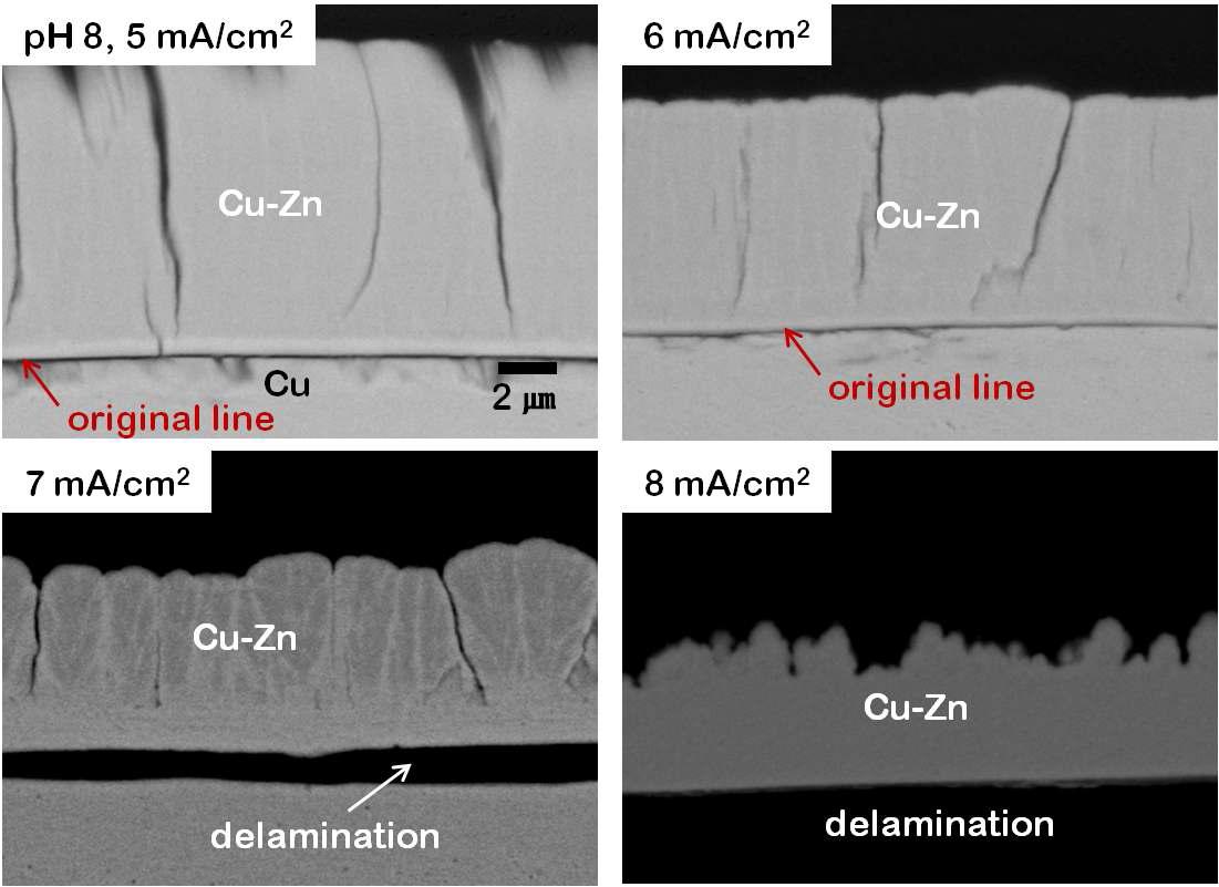 pH 10에서의 전류 밀도 변화에 따른 tartrate 도금욕에서의 Cu-xZn 도금층의 단면 SEM 사진.