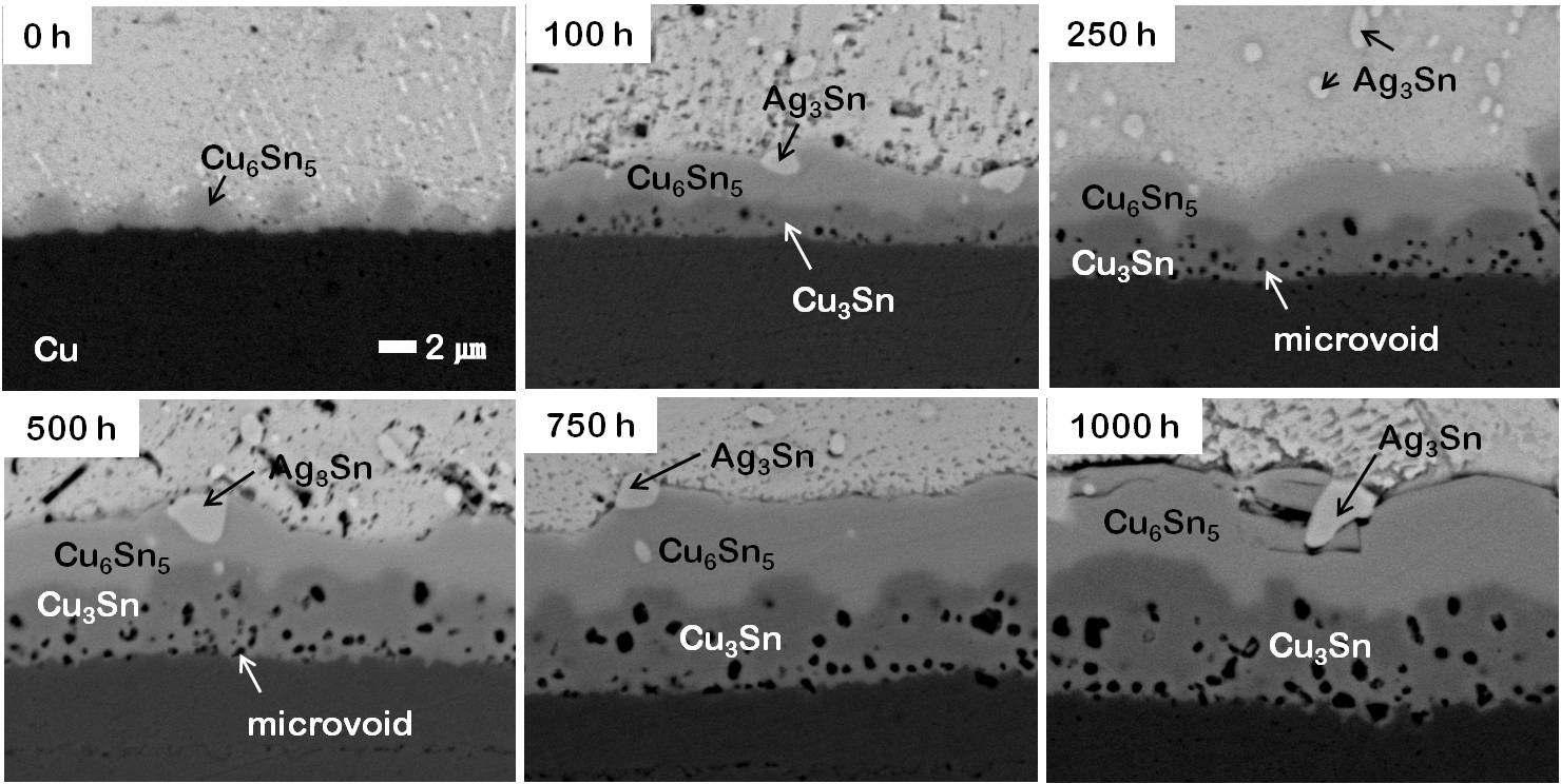 리플로 후 시효처리에 따른 SAC/Cu 계면 미세구조 변화를 나타내는 SEM 사진