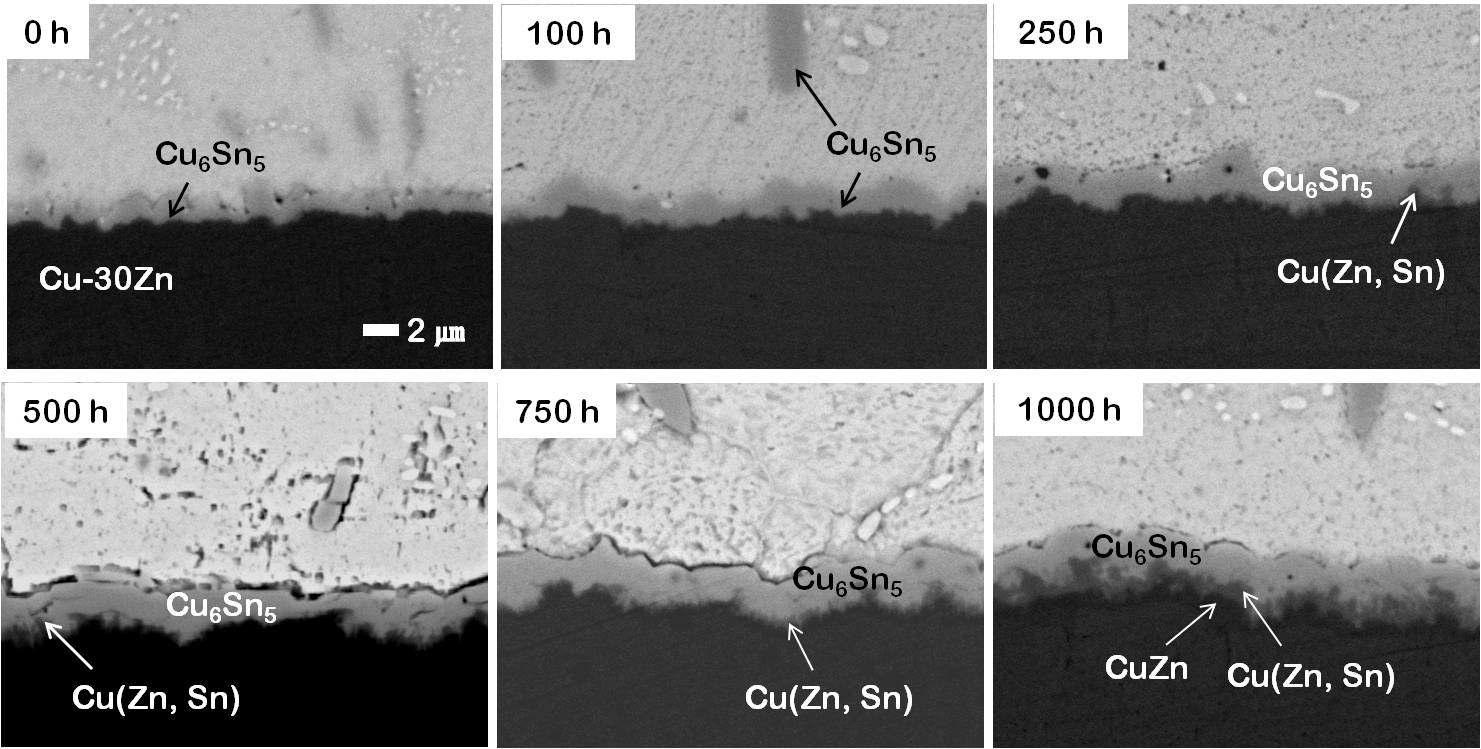 리플로 후 시효처리에 따른 SAC/Cu-30Zn 계면 미세구조 변화를 나타내는 SEM 사진