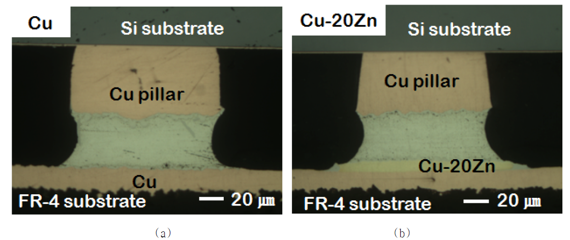 Cu pillar/Sn-2.5Ag/Cu와 Cu pillar/Sn-2.5Ag/Cu-20Zn 솔더 접합부의 단면 광학 사진