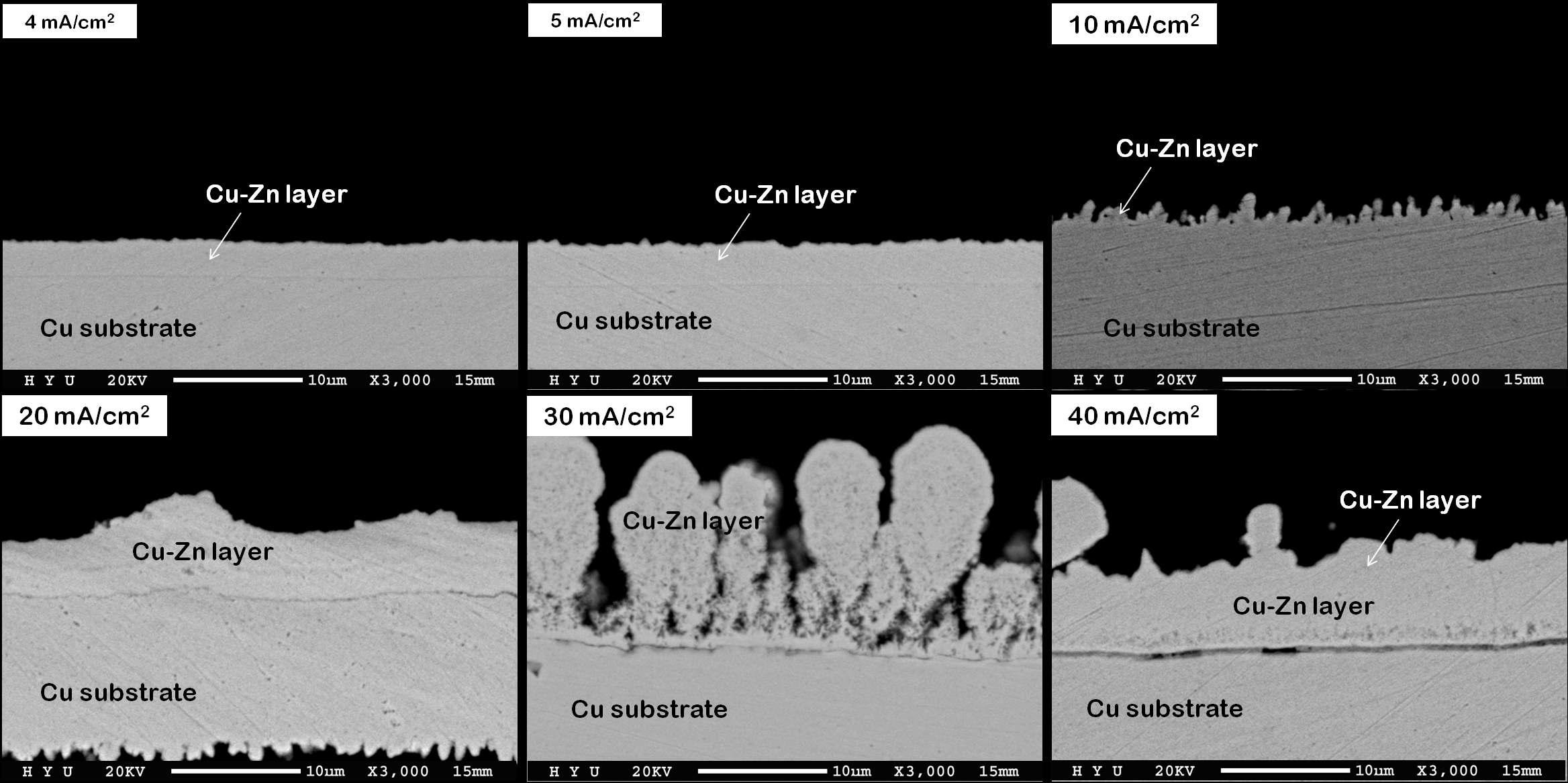 전류 밀도에 따른 Cu 기판 위에 형성된 여러 조성의 Cu-Zn 도금층의 단면을 보여주는 SEM 사진